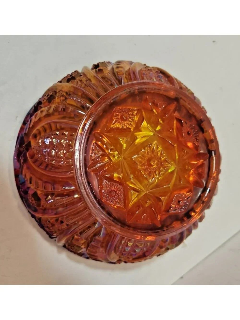 Vintage Indiana Glass Sunset Orange Amberina Heirloom Carnival Glass Bowl 8.5”